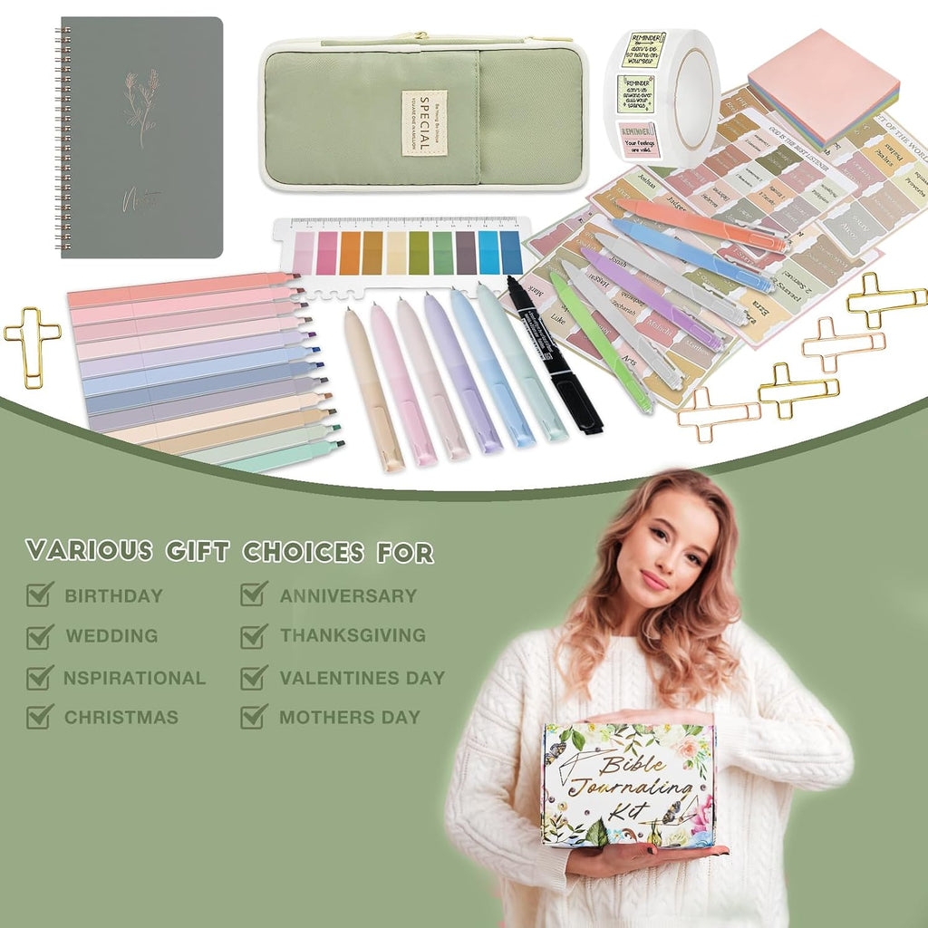 Bible Study Supplies Kit for Women 96PCS Bible Journaling Kit with Bible Tabs for Women,Bible Highlighters and Pens, Bookmark, Journal, Bible Bag, Stationary Gift Set[Green]