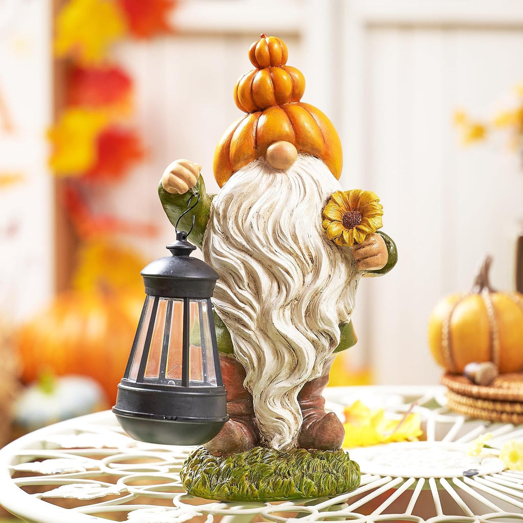 Fall Decor, Pumpkin Gnomes Decoration, Autumn Gnome Holding Lantern with Solar Lights, Waterproof Fall Gnomes Resin Outdoor Fall Decor, Fall Gift Outdoor/Indoor, 11.6"