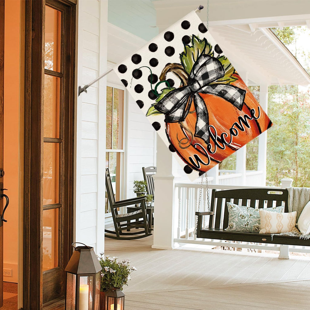 Fall Welcome Pumpkin House Flag 28X40 Inch outside | Double Sided, Weather & Fade Resistant, Yard Outdoor Decoration, Features Polka Dots
