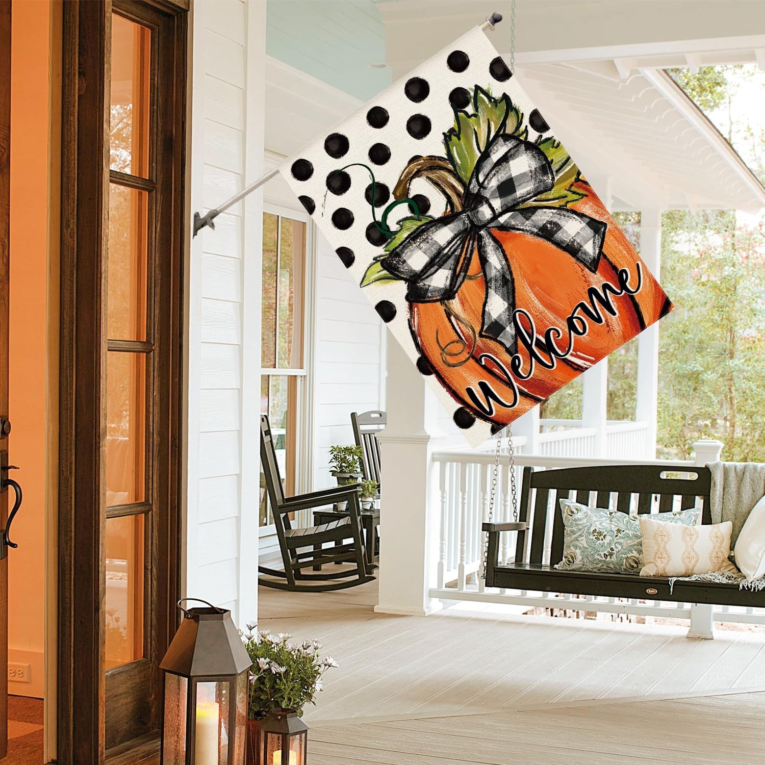 Fall Welcome Pumpkin House Flag 28X40 Inch outside | Double Sided, Weather & Fade Resistant, Yard Outdoor Decoration, Features Polka Dots