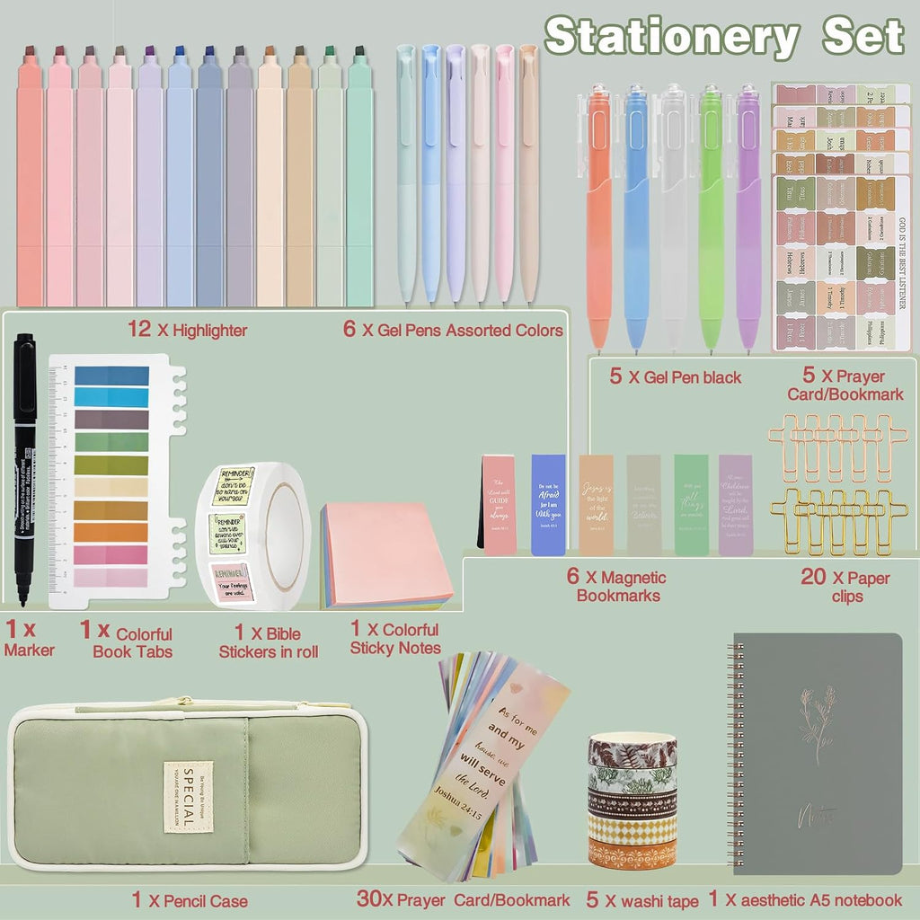Bible Study Supplies Kit for Women 96PCS Bible Journaling Kit with Bible Tabs for Women,Bible Highlighters and Pens, Bookmark, Journal, Bible Bag, Stationary Gift Set[Green]