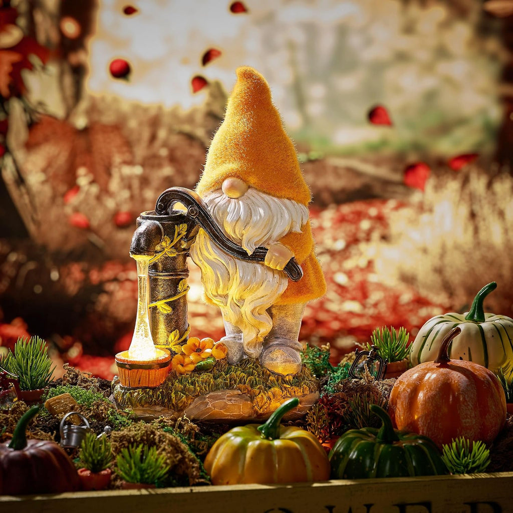 Fall Decor, Fall Gnomes Decor, Autumn Garden Gnomes Pumping Water with Solar Lights, Waterproof Resin Outdoor Fall Decor, Fall Gifts Outdoor/Indoor,9"