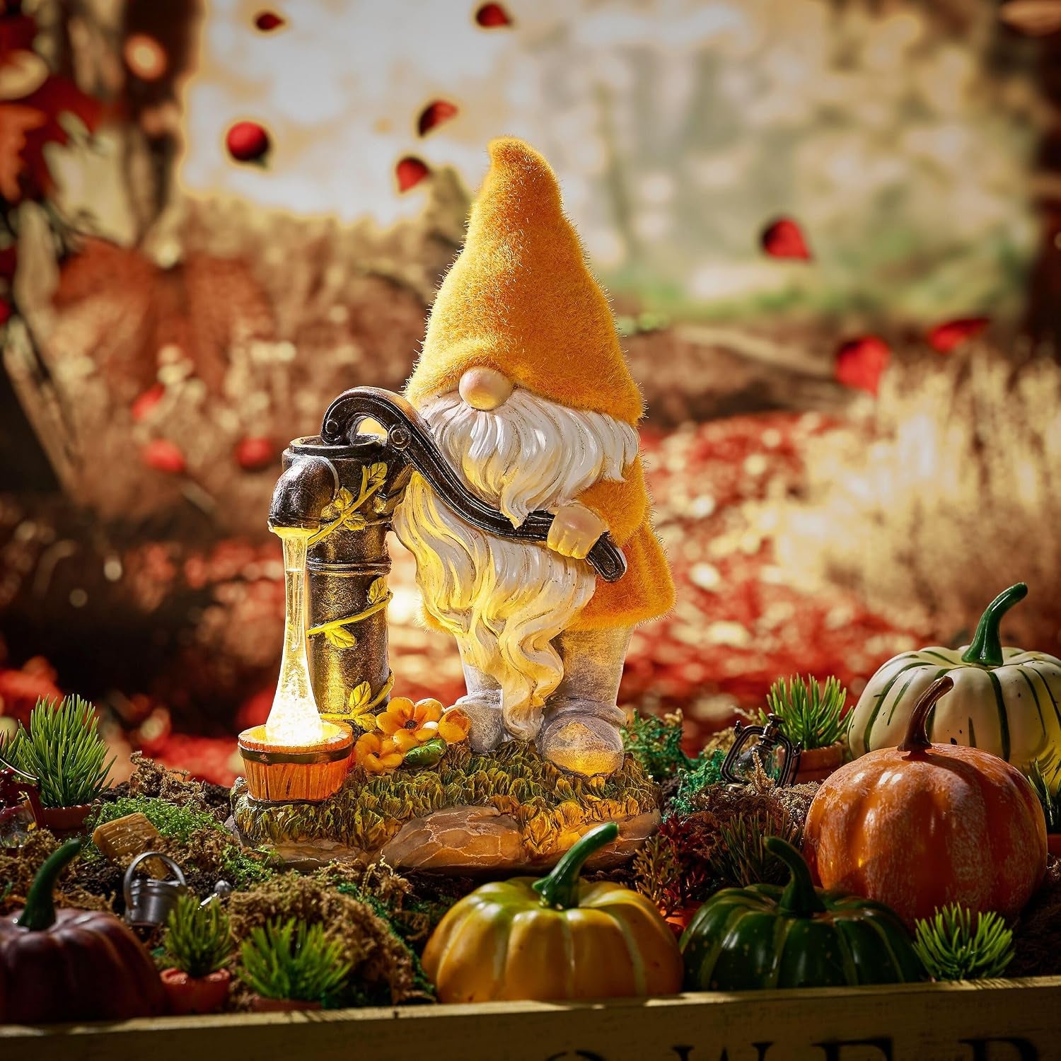 Fall Decor, Fall Gnomes Decor, Autumn Garden Gnomes Pumping Water with Solar Lights, Waterproof Resin Outdoor Fall Decor, Fall Gifts Outdoor/Indoor,9"