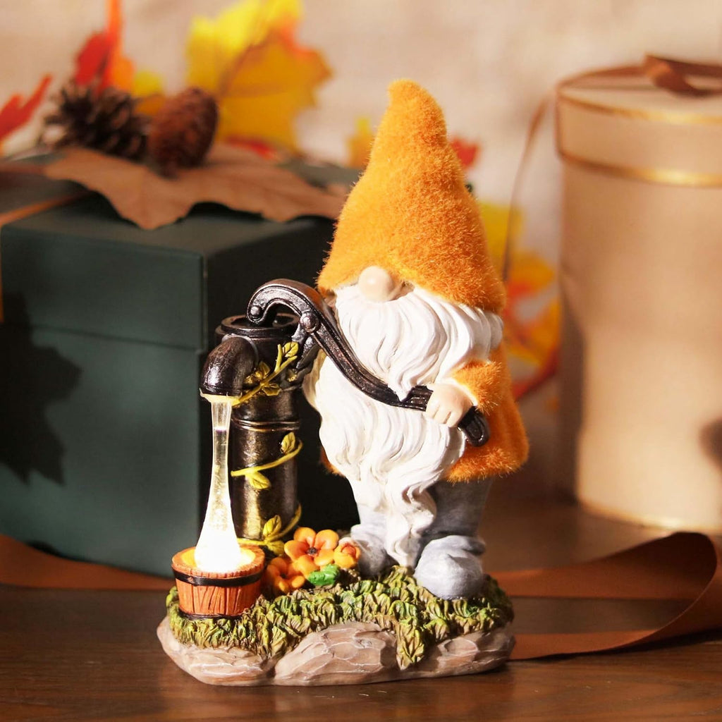 Fall Decor, Fall Gnomes Decor, Autumn Garden Gnomes Pumping Water with Solar Lights, Waterproof Resin Outdoor Fall Decor, Fall Gifts Outdoor/Indoor,9"