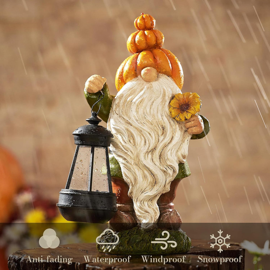 Fall Decor, Pumpkin Gnomes Decoration, Autumn Gnome Holding Lantern with Solar Lights, Waterproof Fall Gnomes Resin Outdoor Fall Decor, Fall Gift Outdoor/Indoor, 11.6"