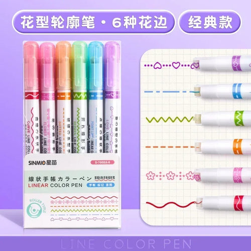 6 PCS Kawaii Flowers Line Shaped Highlighter Pens Roller Tip Curve Liner Marker for Writing Journaling Drawing Stationery