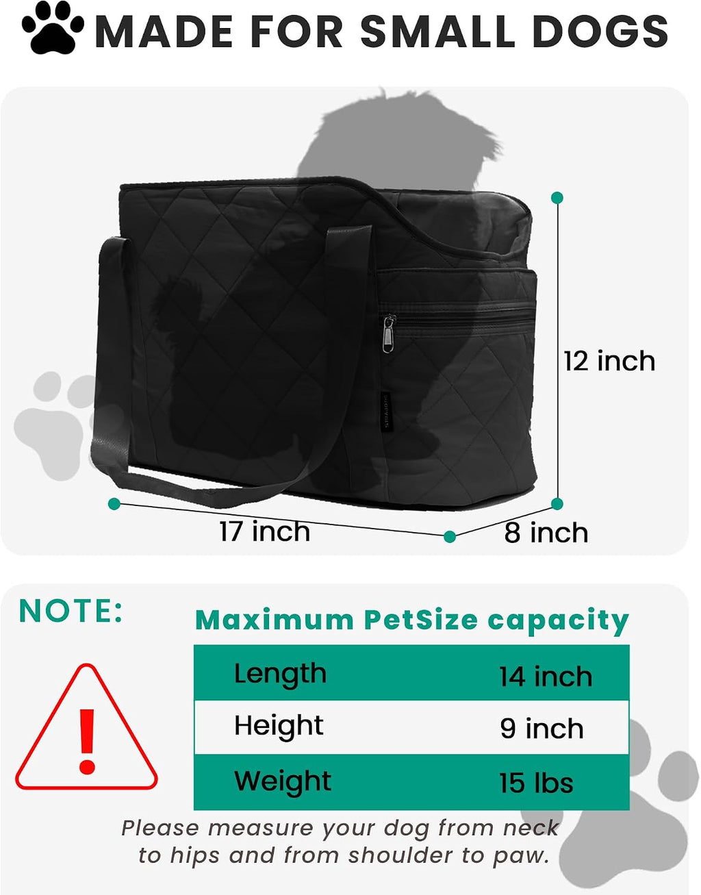 Lightweight Dog Purse Carrier for Small Dogs up to 15 Lbs, Dog Tote Bag Puppy Carrier, Soft Plush Interior, Safety Leash Clip, 4 Side Pockets Dog Carrier Bag for Travel & Walking, Black