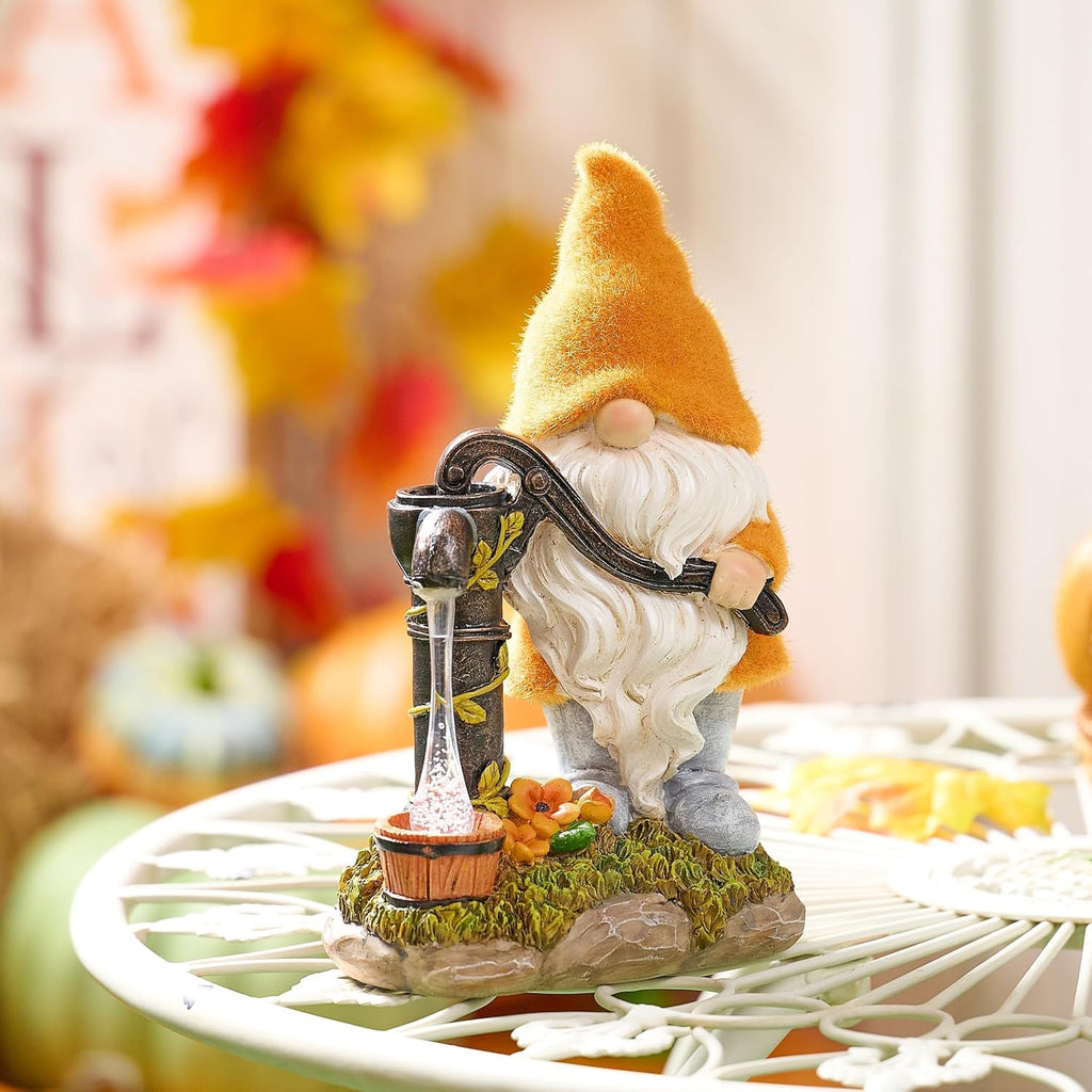 Fall Decor, Fall Gnomes Decor, Autumn Garden Gnomes Pumping Water with Solar Lights, Waterproof Resin Outdoor Fall Decor, Fall Gifts Outdoor/Indoor,9"