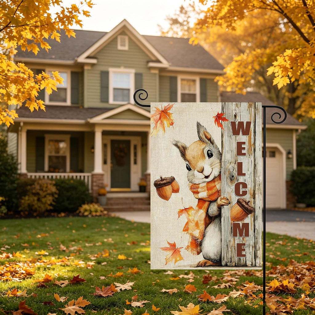 Fall Decorations Garden Flag 12X18 Inch for outside Weather & Fade Resistant Double Sided Nut Squirrel Welcome Yard Flags Outdoor Thanksgiving Home Fall Decor