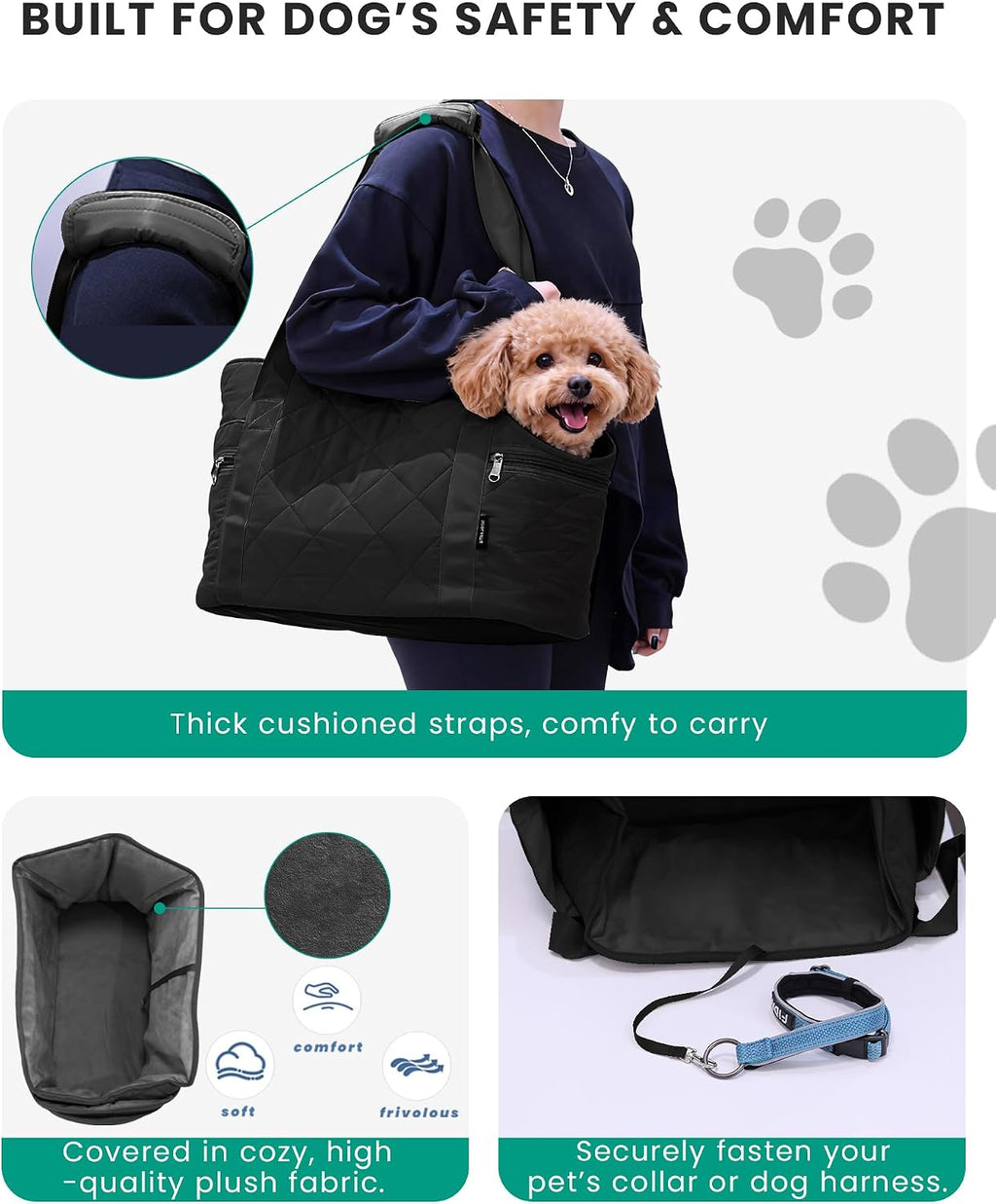 Lightweight Dog Purse Carrier for Small Dogs up to 15 Lbs, Dog Tote Bag Puppy Carrier, Soft Plush Interior, Safety Leash Clip, 4 Side Pockets Dog Carrier Bag for Travel & Walking, Black