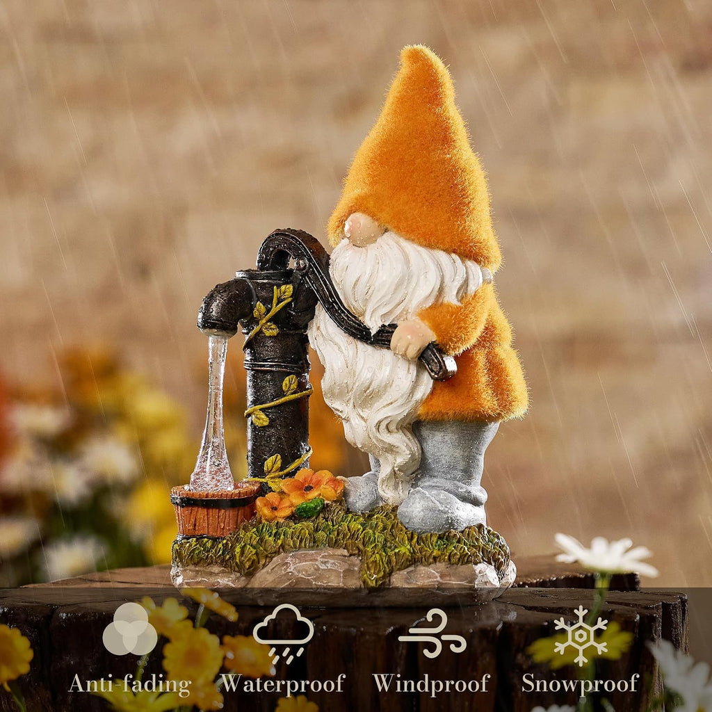 Fall Decor, Fall Gnomes Decor, Autumn Garden Gnomes Pumping Water with Solar Lights, Waterproof Resin Outdoor Fall Decor, Fall Gifts Outdoor/Indoor,9"