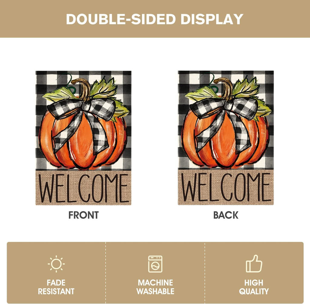 Fall Thanksgiving Pumpkin Welcome House Flag 28X40 Inch | Double Sided, Weather & Fade Resistant, Yard Outdoor Decoration, Features Buffalo Plaid