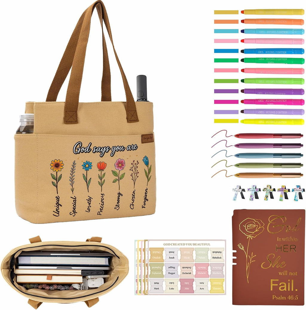 25 PCS Bible Study Supplies Kit, Large Capacity Canvas Tote Bag for Women Organizer, Bible Highlighters and Quick Dry Pens No Bleed through Tabs, Christmas Christian Gifts for Women Mom Friends
