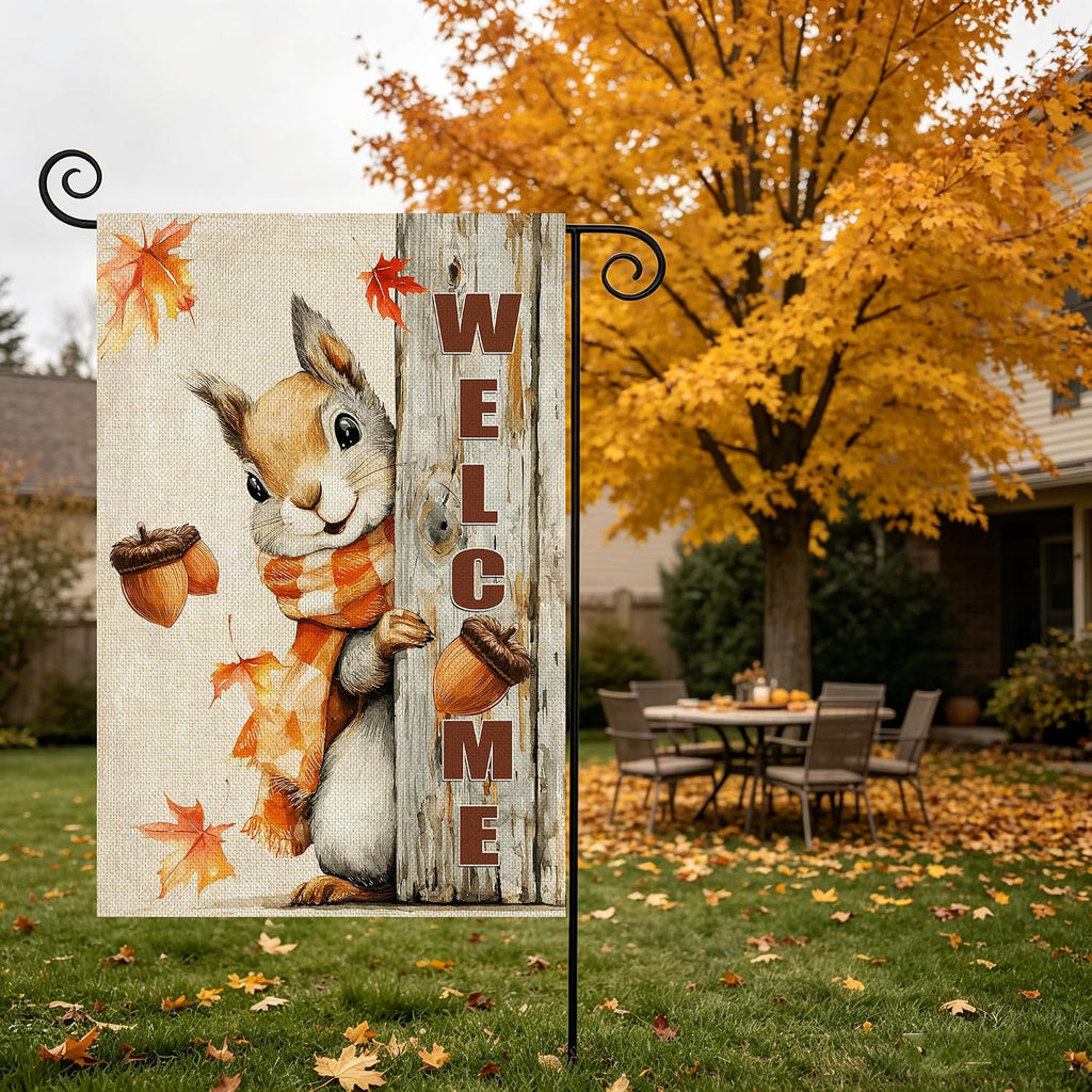 Fall Decorations Garden Flag 12X18 Inch for outside Weather & Fade Resistant Double Sided Nut Squirrel Welcome Yard Flags Outdoor Thanksgiving Home Fall Decor