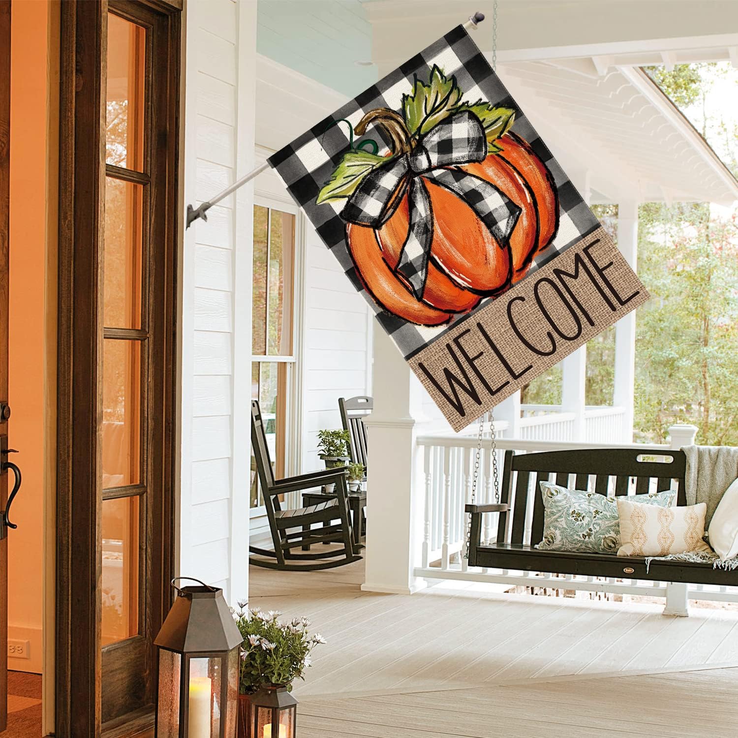 Fall Thanksgiving Pumpkin Welcome House Flag 28X40 Inch | Double Sided, Weather & Fade Resistant, Yard Outdoor Decoration, Features Buffalo Plaid