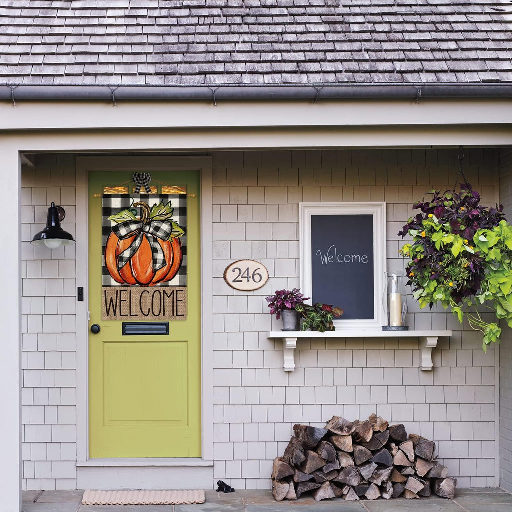 Fall Thanksgiving Pumpkin Welcome House Flag 28X40 Inch | Double Sided, Weather & Fade Resistant, Yard Outdoor Decoration, Features Buffalo Plaid