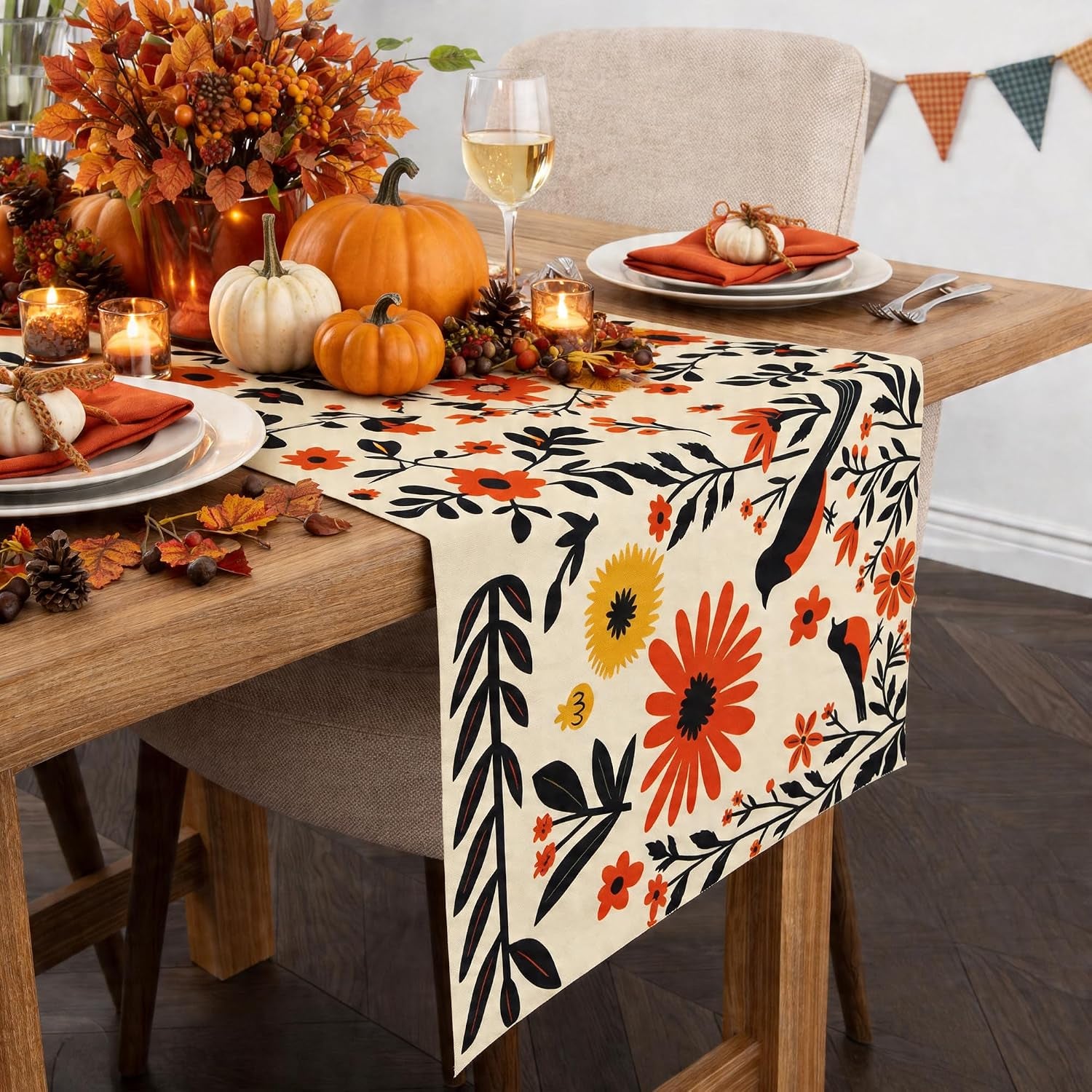 Fall Decor - Floral Table Runner | Autumn Decorations for Home | Thanksgiving Table Decor Accessories for Indoor Outdoor Party Supplies, Fall Centerpieces Backdrop Tablecloth for Room Office Kitchen
