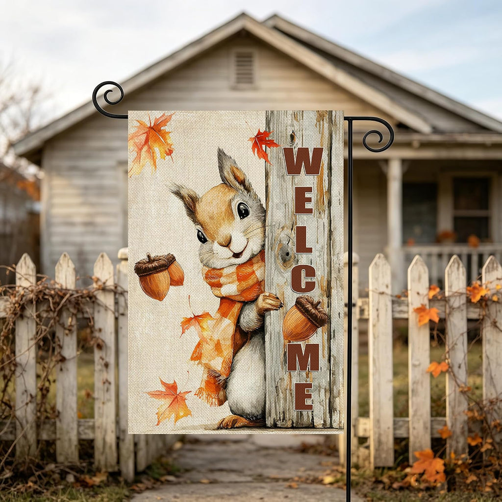 Fall Decorations Garden Flag 12X18 Inch for outside Weather & Fade Resistant Double Sided Nut Squirrel Welcome Yard Flags Outdoor Thanksgiving Home Fall Decor