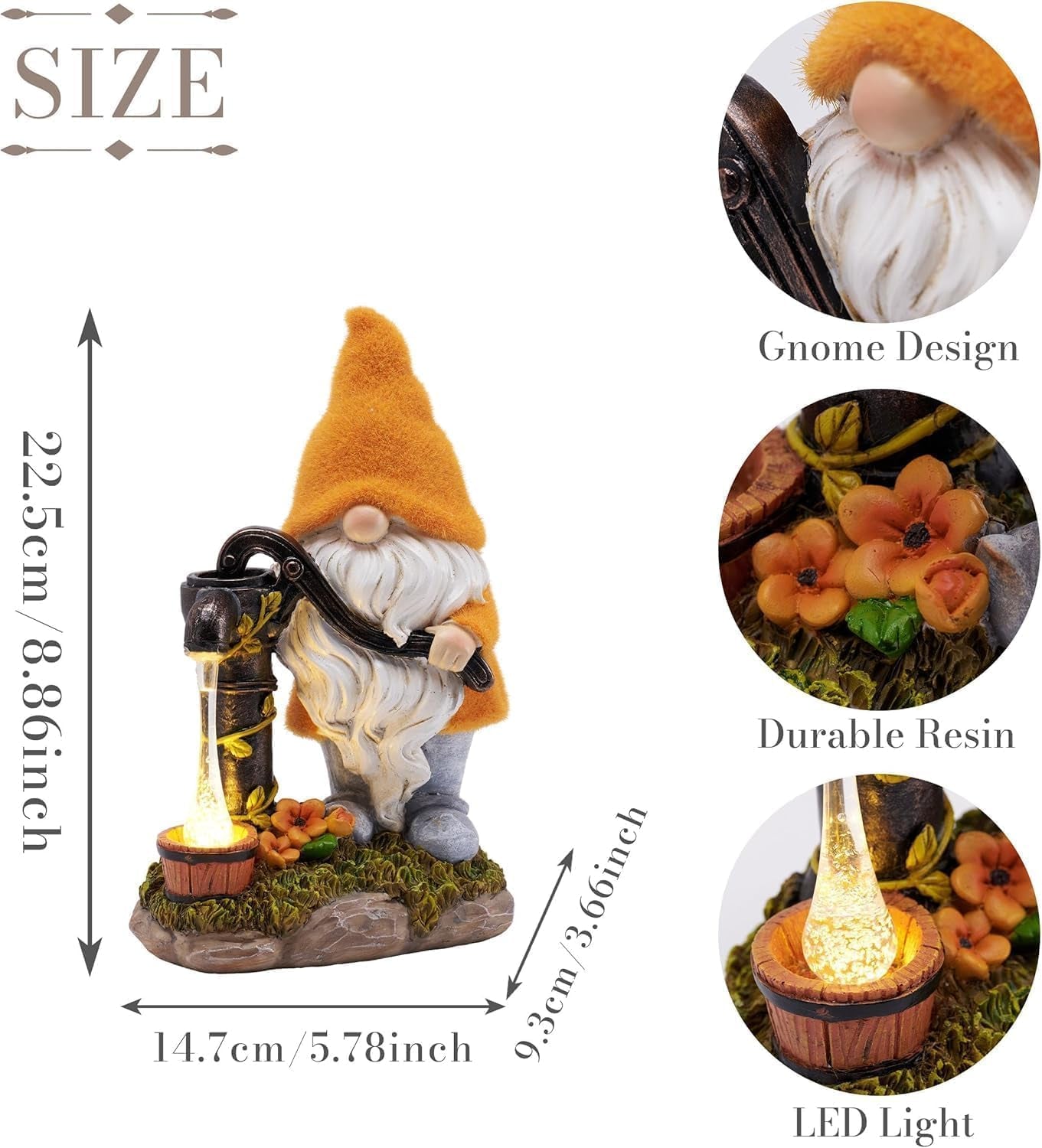Fall Decor, Fall Gnomes Decor, Autumn Garden Gnomes Pumping Water with Solar Lights, Waterproof Resin Outdoor Fall Decor, Fall Gifts Outdoor/Indoor,9"
