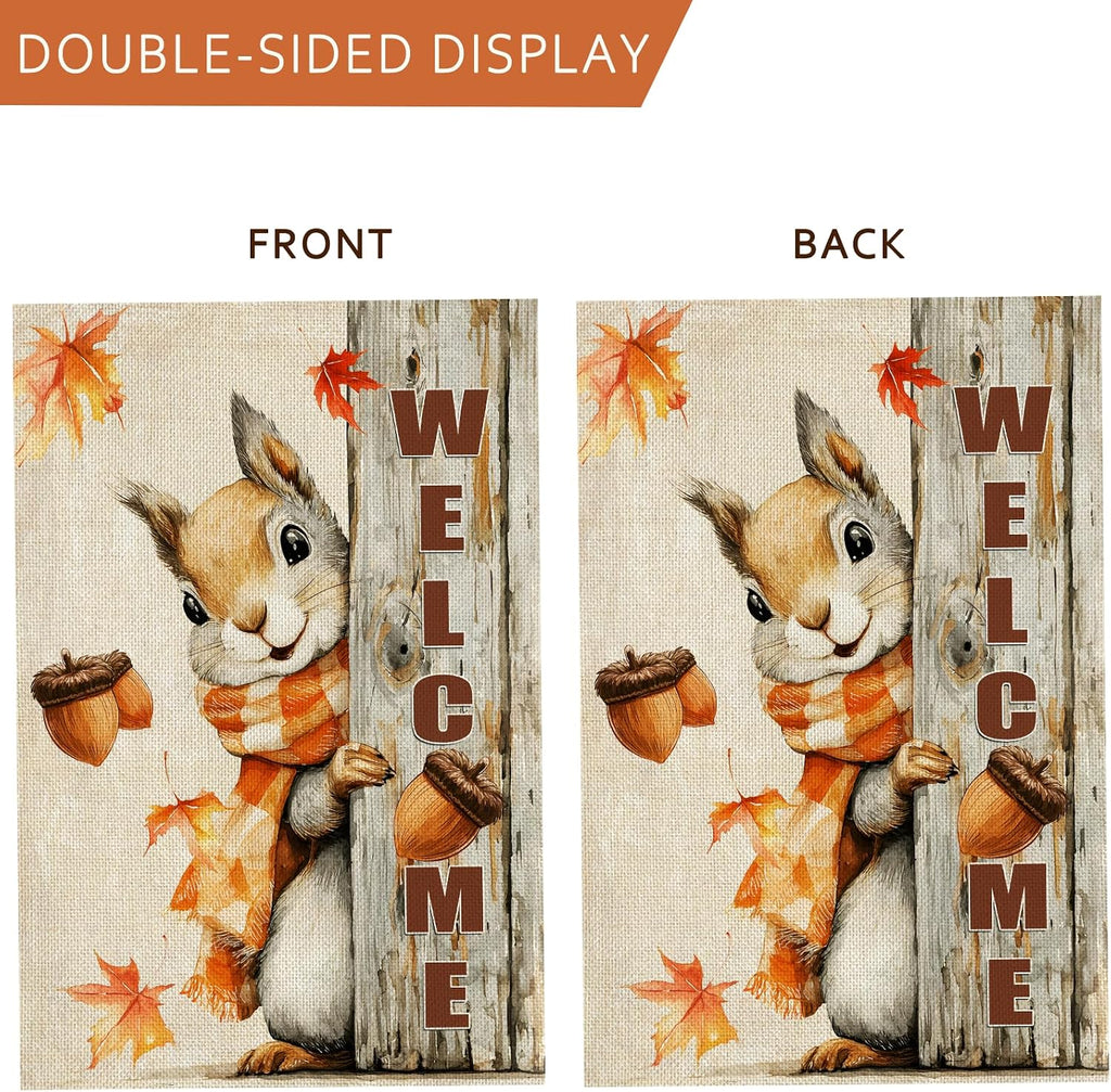 Fall Decorations Garden Flag 12X18 Inch for outside Weather & Fade Resistant Double Sided Nut Squirrel Welcome Yard Flags Outdoor Thanksgiving Home Fall Decor