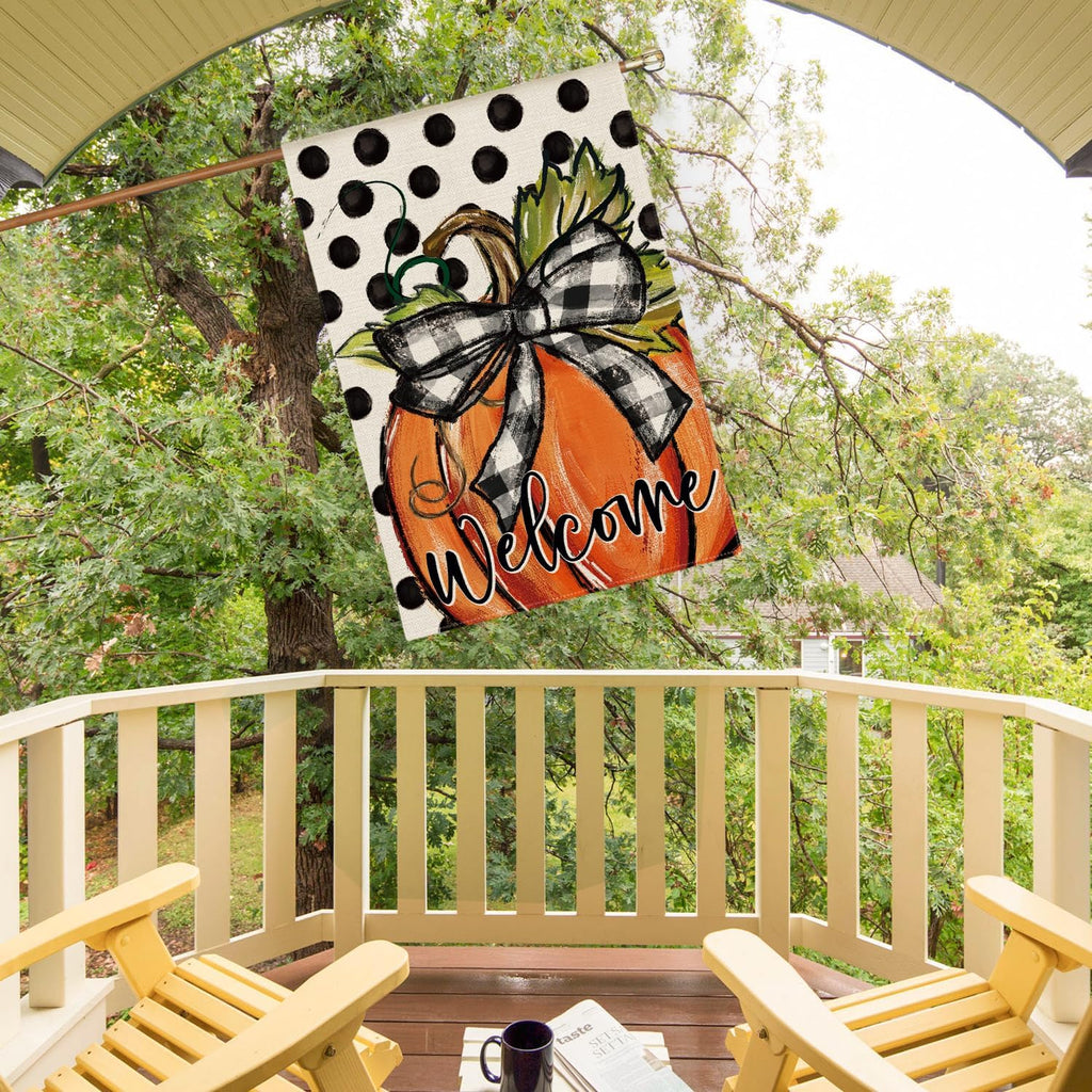 Fall Welcome Pumpkin House Flag 28X40 Inch outside | Double Sided, Weather & Fade Resistant, Yard Outdoor Decoration, Features Polka Dots