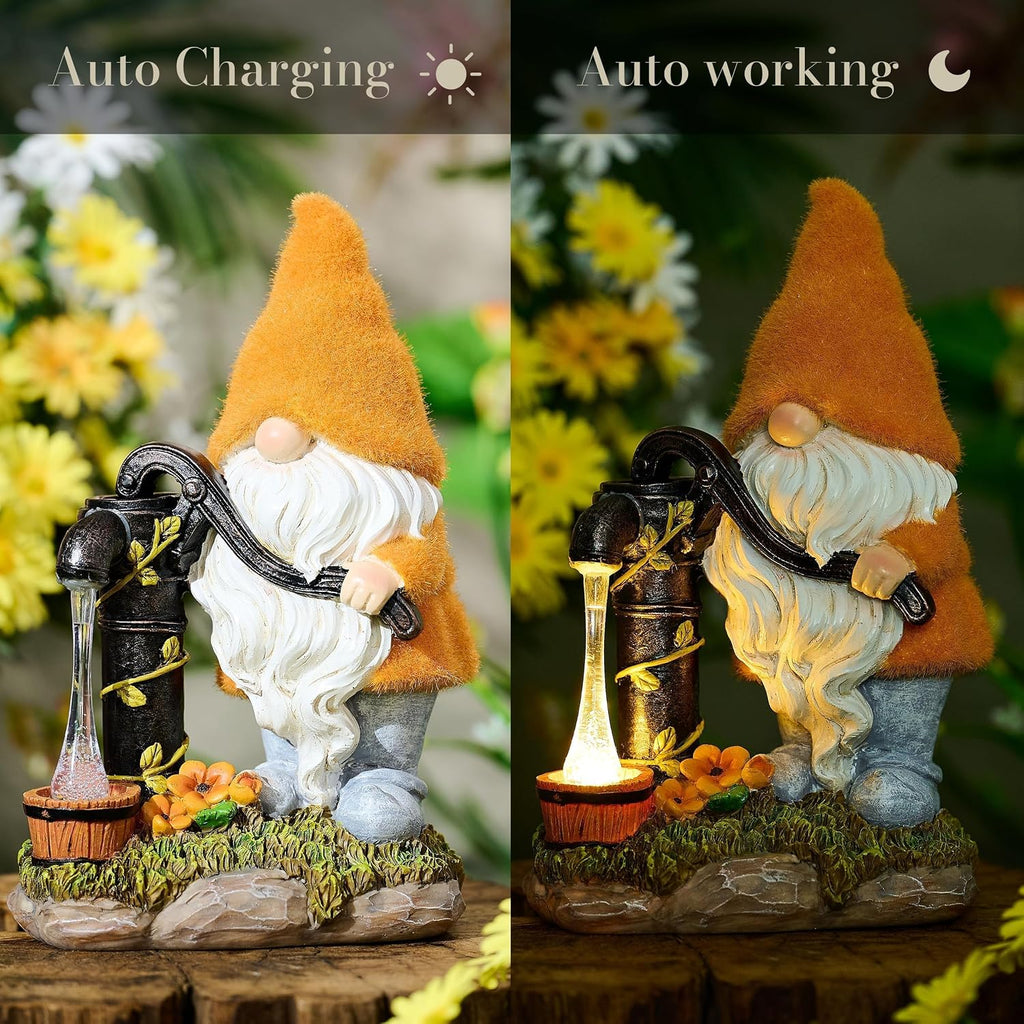 Fall Decor, Fall Gnomes Decor, Autumn Garden Gnomes Pumping Water with Solar Lights, Waterproof Resin Outdoor Fall Decor, Fall Gifts Outdoor/Indoor,9"