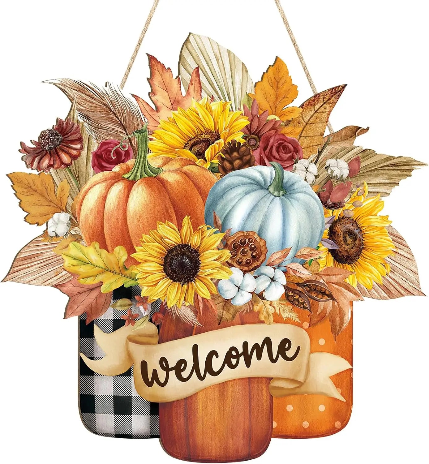 OEM Hello Fall Thanksgiving Wooden Door Sign Mason Jar Pumpkin Maple Leaf Farmhouse Hanging Decor Low MOQ Fast Delivery