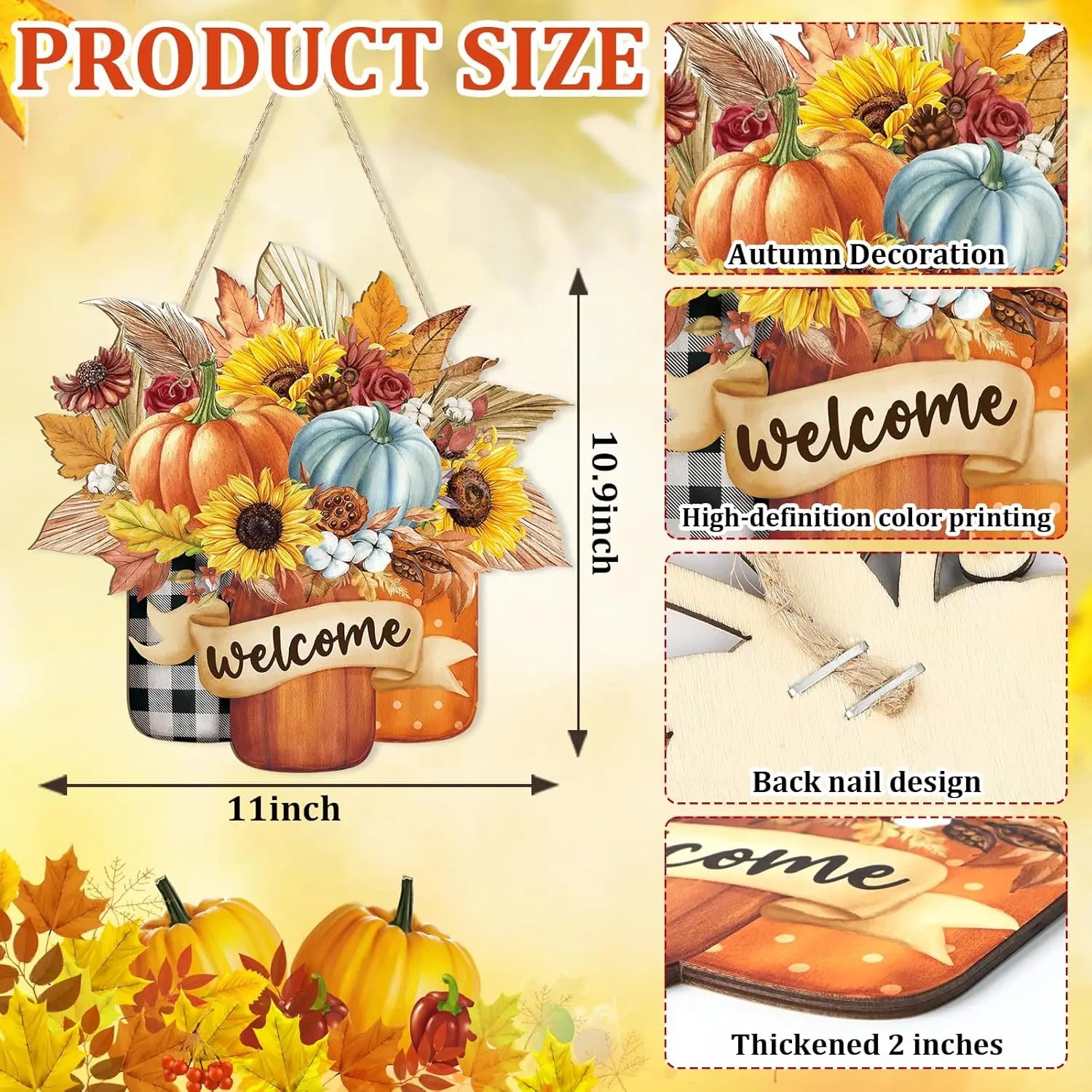 OEM Hello Fall Thanksgiving Wooden Door Sign Mason Jar Pumpkin Maple Leaf Farmhouse Hanging Decor Low MOQ Fast Delivery