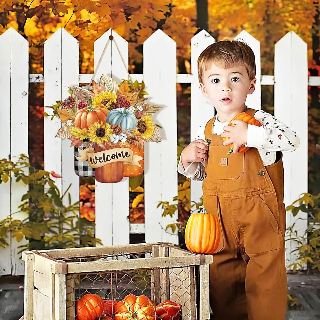 OEM Hello Fall Thanksgiving Wooden Door Sign Mason Jar Pumpkin Maple Leaf Farmhouse Hanging Decor Low MOQ Fast Delivery
