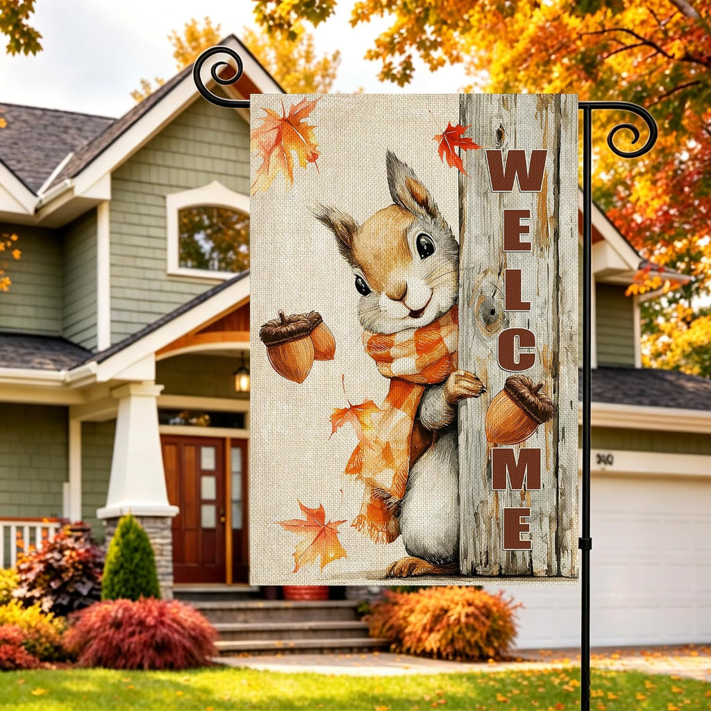 Fall Decorations Garden Flag 12X18 Inch for outside Weather & Fade Resistant Double Sided Nut Squirrel Welcome Yard Flags Outdoor Thanksgiving Home Fall Decor