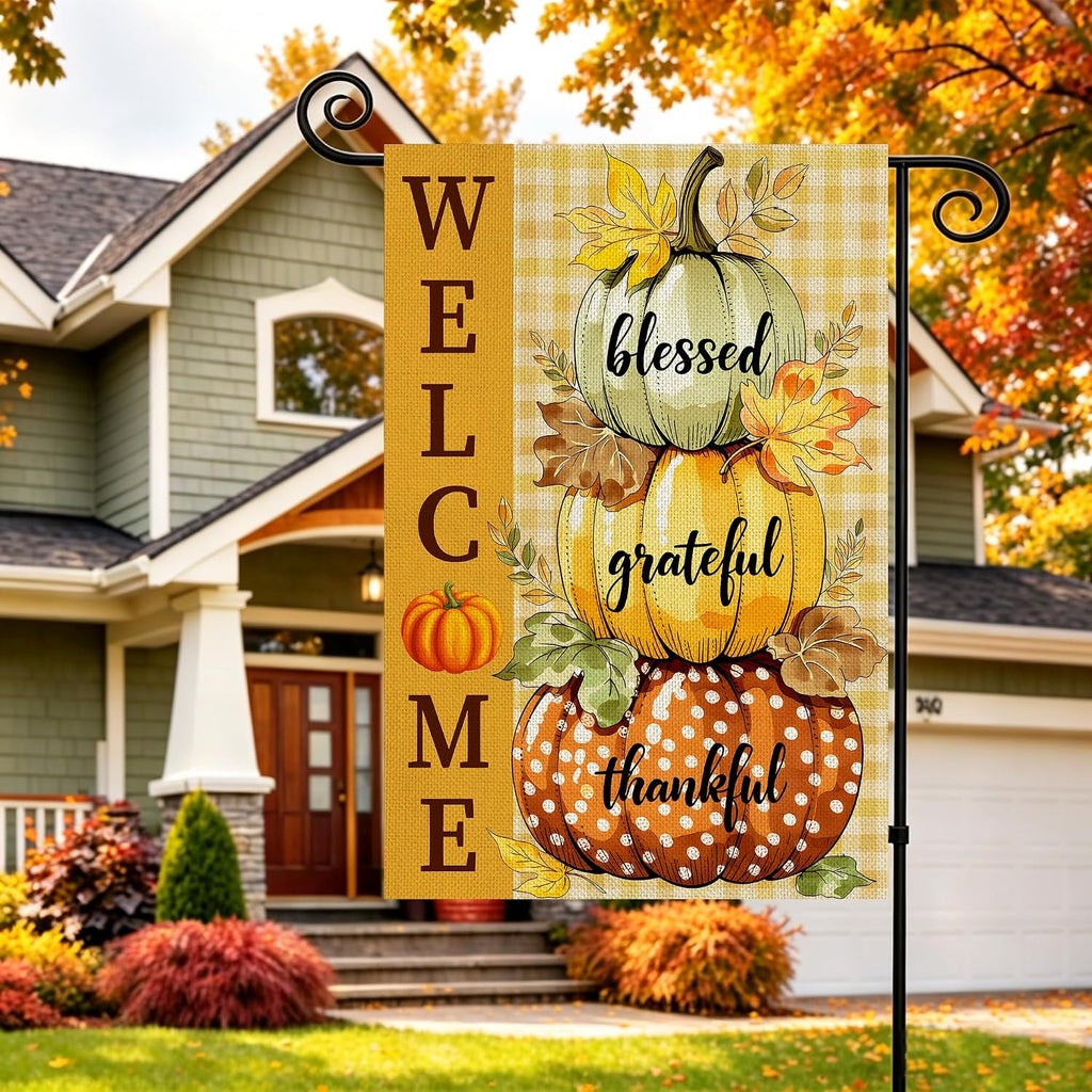 Fall Decorations Garden Flag 12X18 Inch for outside Double Sided Weather & Fade Resistant Pumpkin Welcome Fall Decor Outdoor Thanksgiving Home Yard Flags