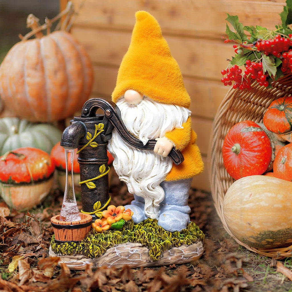 Fall Decor, Fall Gnomes Decor, Autumn Garden Gnomes Pumping Water with Solar Lights, Waterproof Resin Outdoor Fall Decor, Fall Gifts Outdoor/Indoor,9"