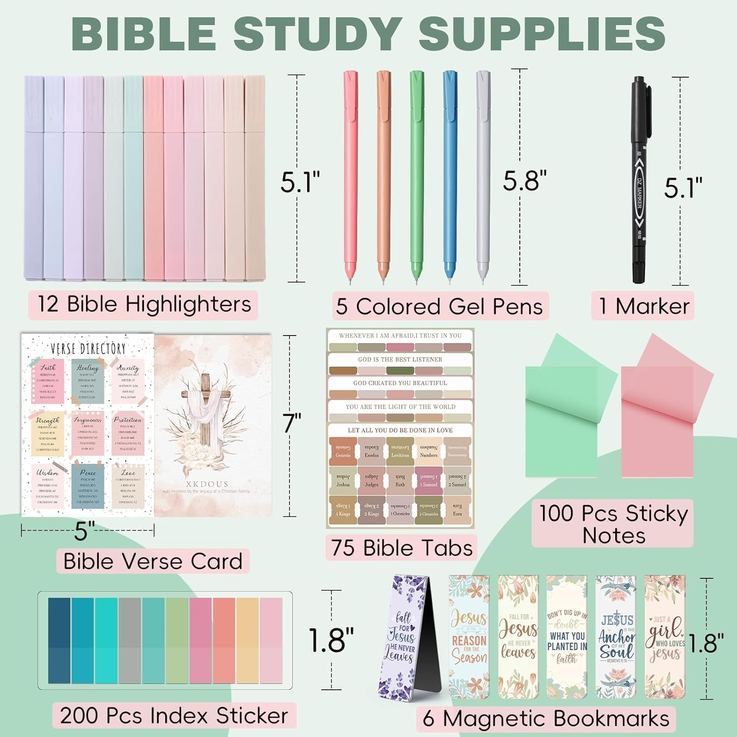 Bible Study Supplies Journaling Kit for Women, Bible Study Kit with Bible Highlighters No Bleed and Tabs, Includes Bookmarks, Pens and More, Bible Verse Gifts for Study (Mint Green)