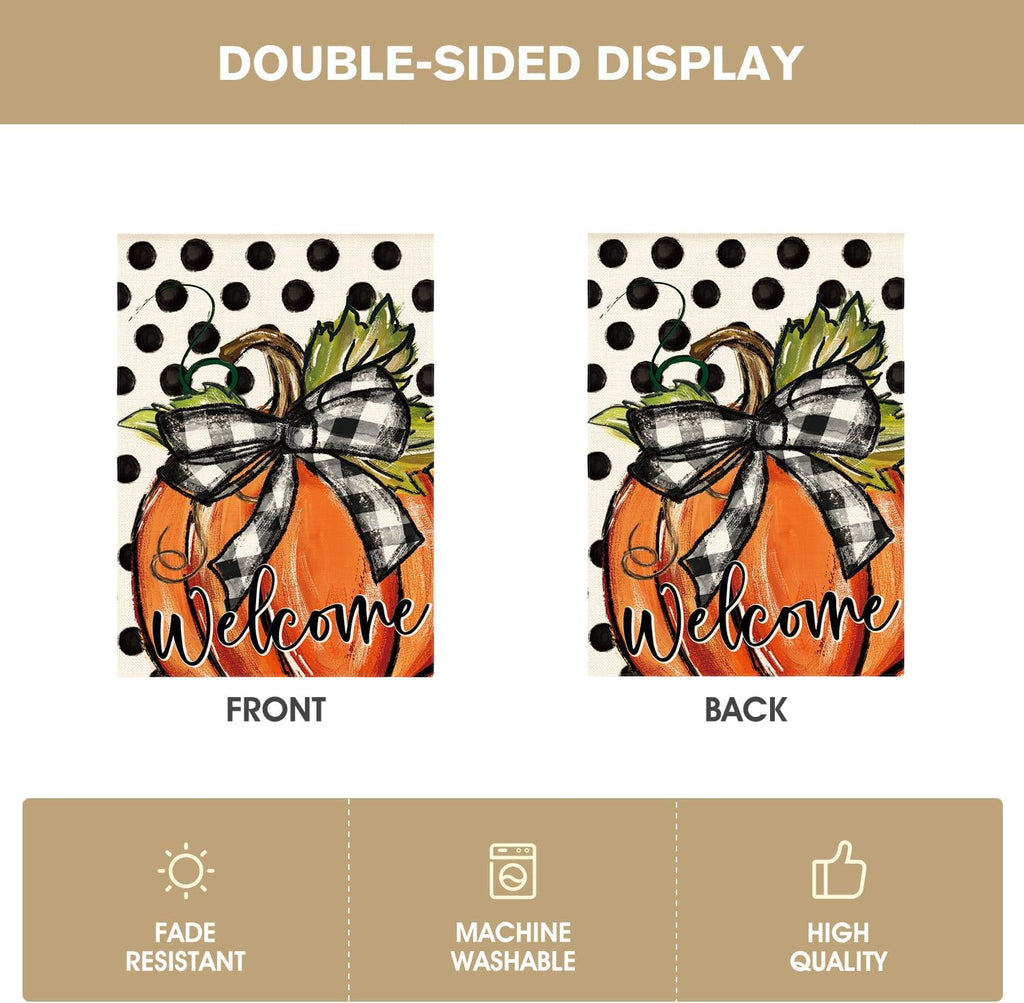 Fall Welcome Pumpkin House Flag 28X40 Inch outside | Double Sided, Weather & Fade Resistant, Yard Outdoor Decoration, Features Polka Dots