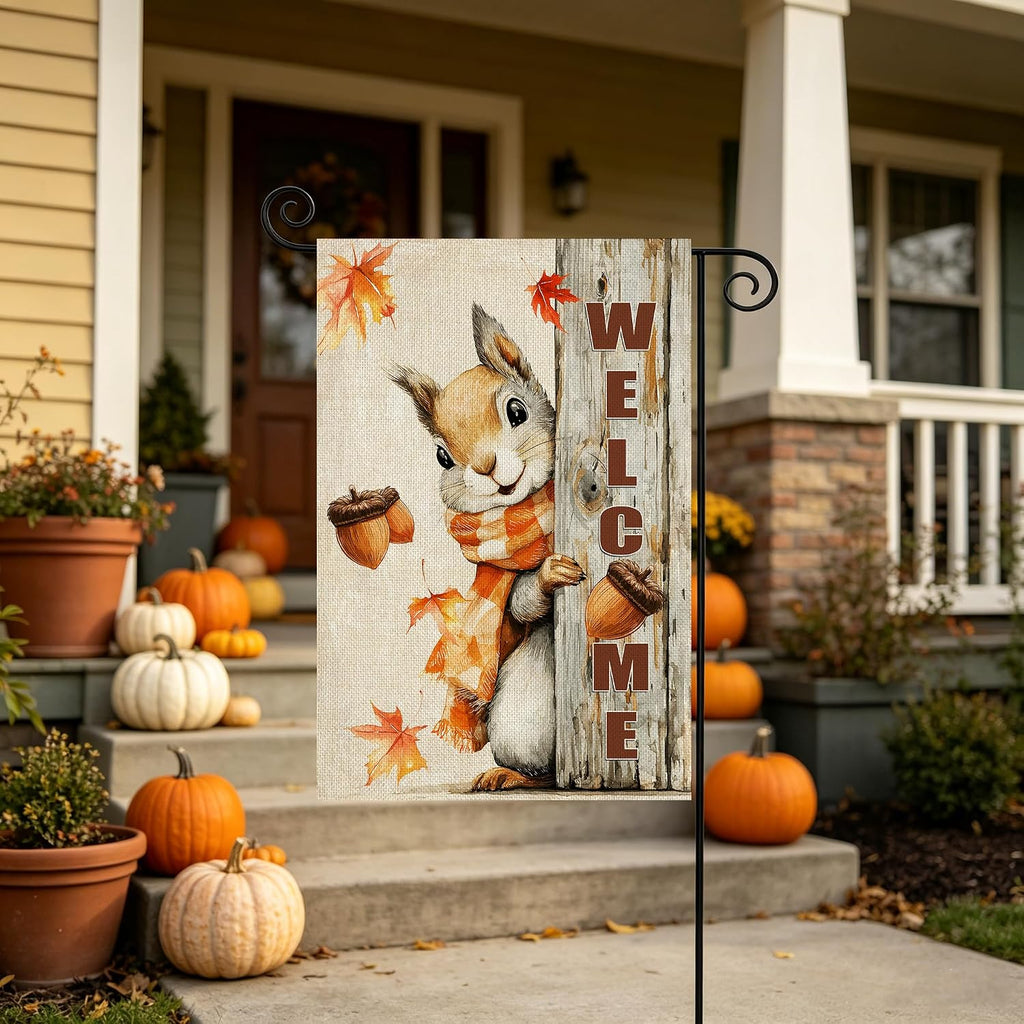 Fall Decorations Garden Flag 12X18 Inch for outside Weather & Fade Resistant Double Sided Nut Squirrel Welcome Yard Flags Outdoor Thanksgiving Home Fall Decor