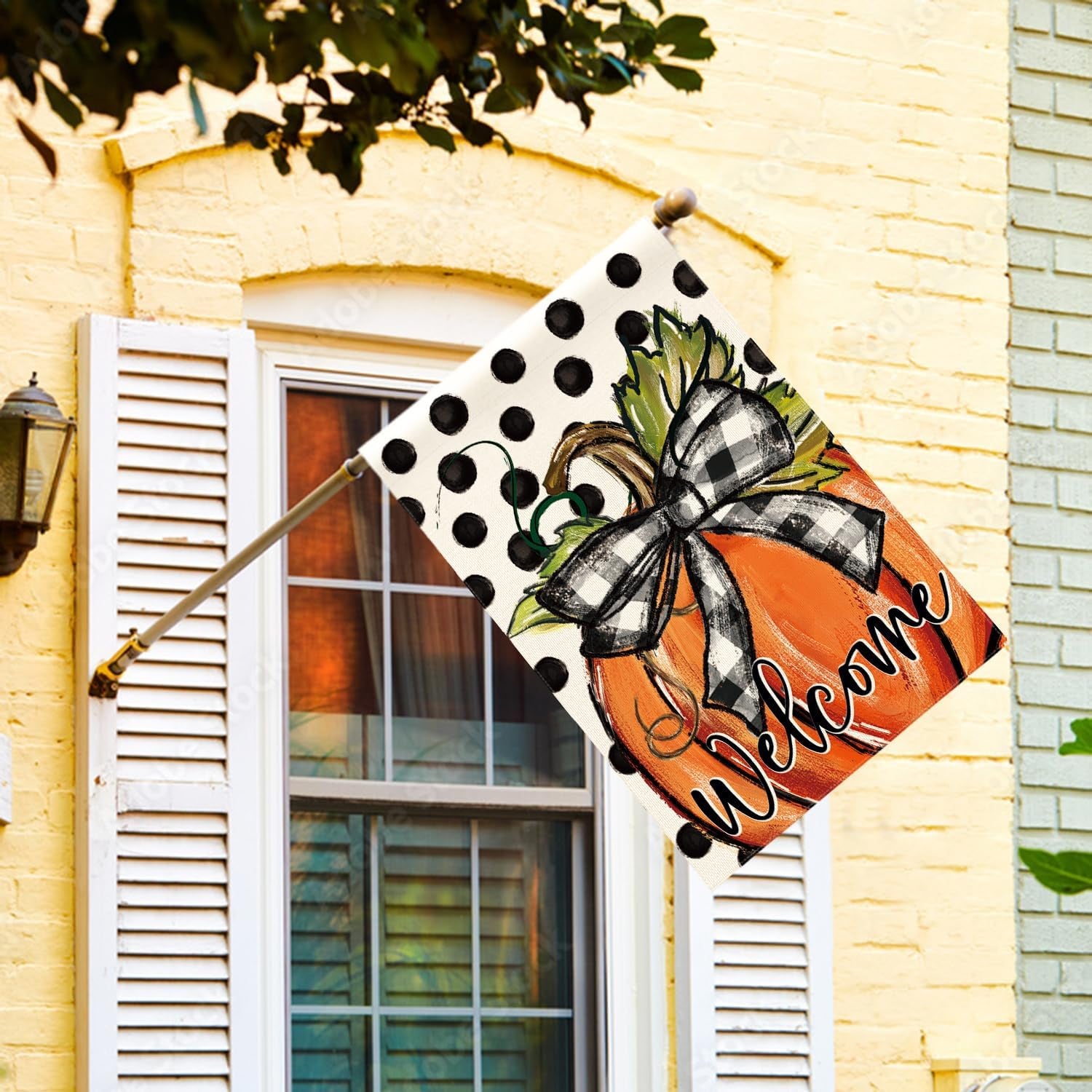 Fall Welcome Pumpkin House Flag 28X40 Inch outside | Double Sided, Weather & Fade Resistant, Yard Outdoor Decoration, Features Polka Dots