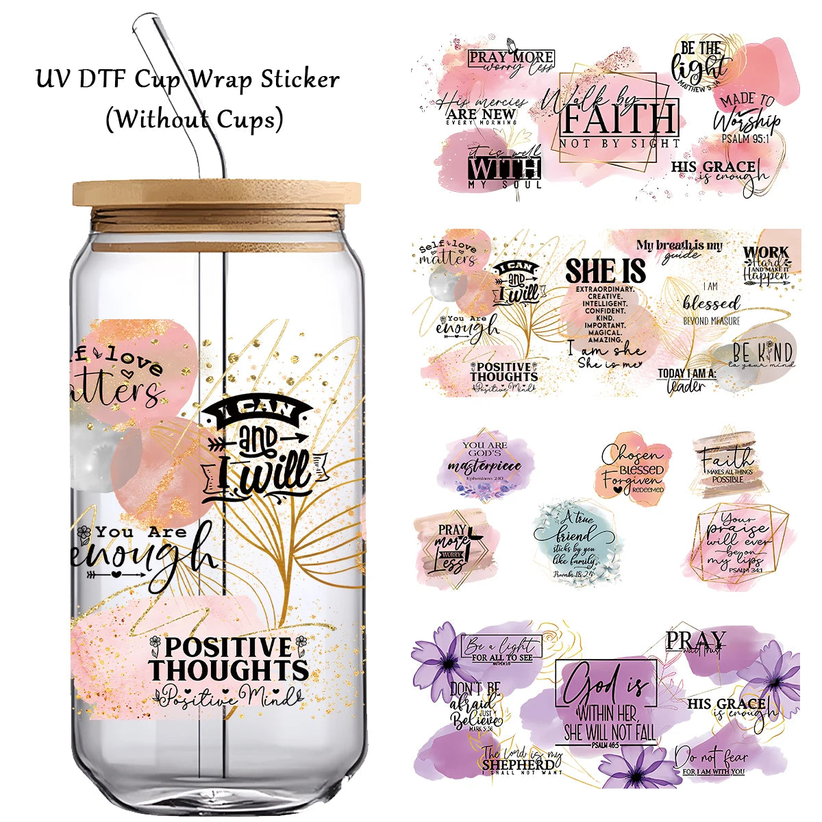 4Pcs Bible Verses UV Transfer Sticker,Glass Can Wrap Decals,Waterproof Self-Adhesive Stickers for Mug Cup,Dtf Cup Decoration