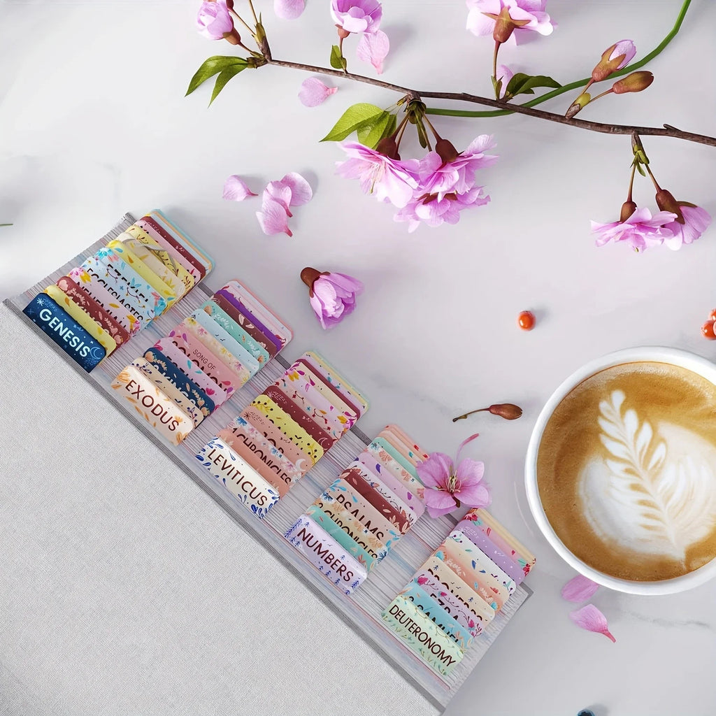 Bible Tabs Pastel Bloom-Soul Nourishing Book Summaries-75 Peel-And-Stick Laminated Bible Tabs for Men Women,Bible Study Supplies