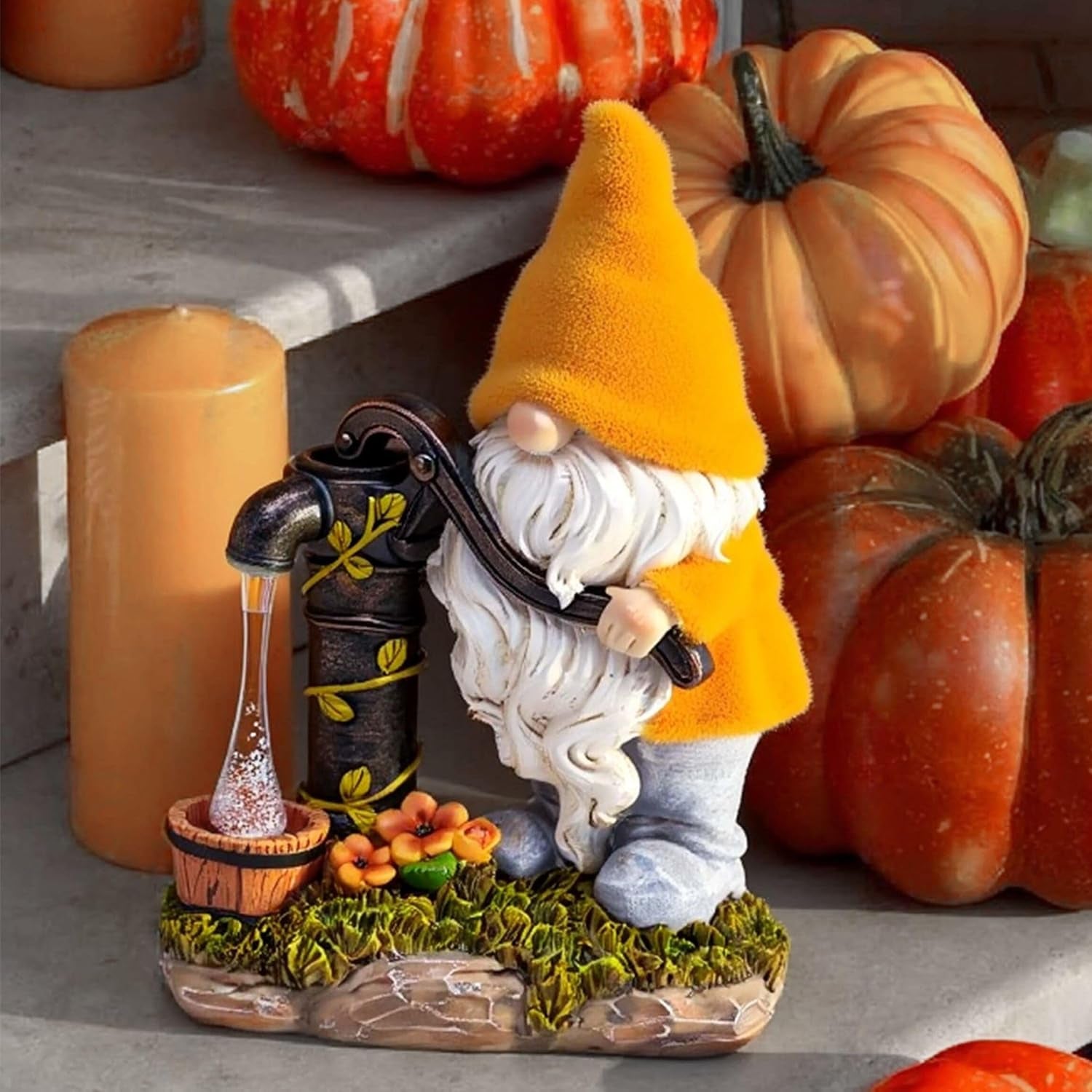 Fall Decor, Fall Gnomes Decor, Autumn Garden Gnomes Pumping Water with Solar Lights, Waterproof Resin Outdoor Fall Decor, Fall Gifts Outdoor/Indoor,9"