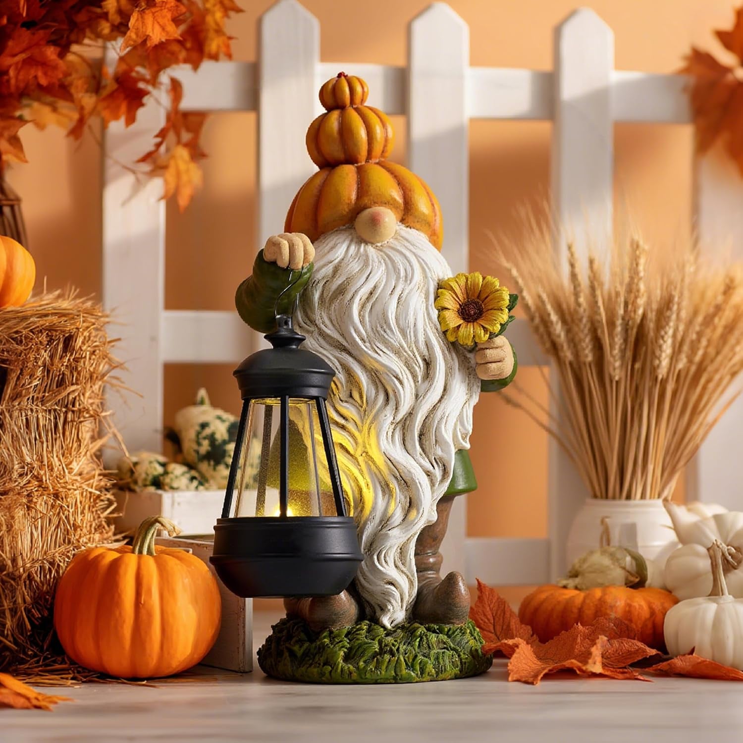 Fall Decor, Pumpkin Gnomes Decoration, Autumn Gnome Holding Lantern with Solar Lights, Waterproof Fall Gnomes Resin Outdoor Fall Decor, Fall Gift Outdoor/Indoor, 11.6"